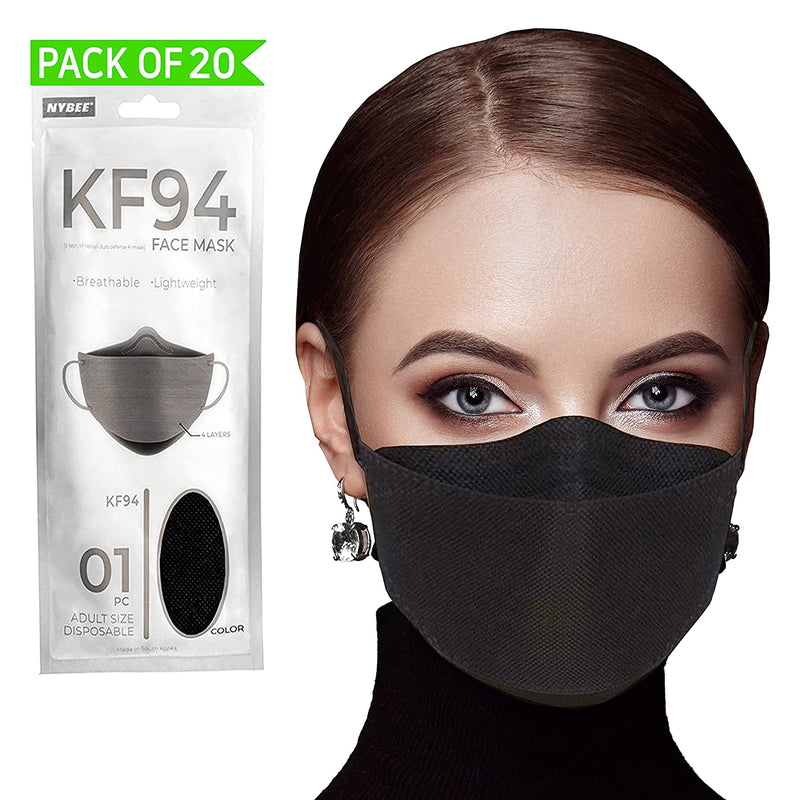 [Pack of 20-BLACK] NYBEE KF94 Masks Made in Korea Disposable for Adult, 4 Layer Filters, KFDA Approved, US FDA Registered, CE And FFP2NR Certified
