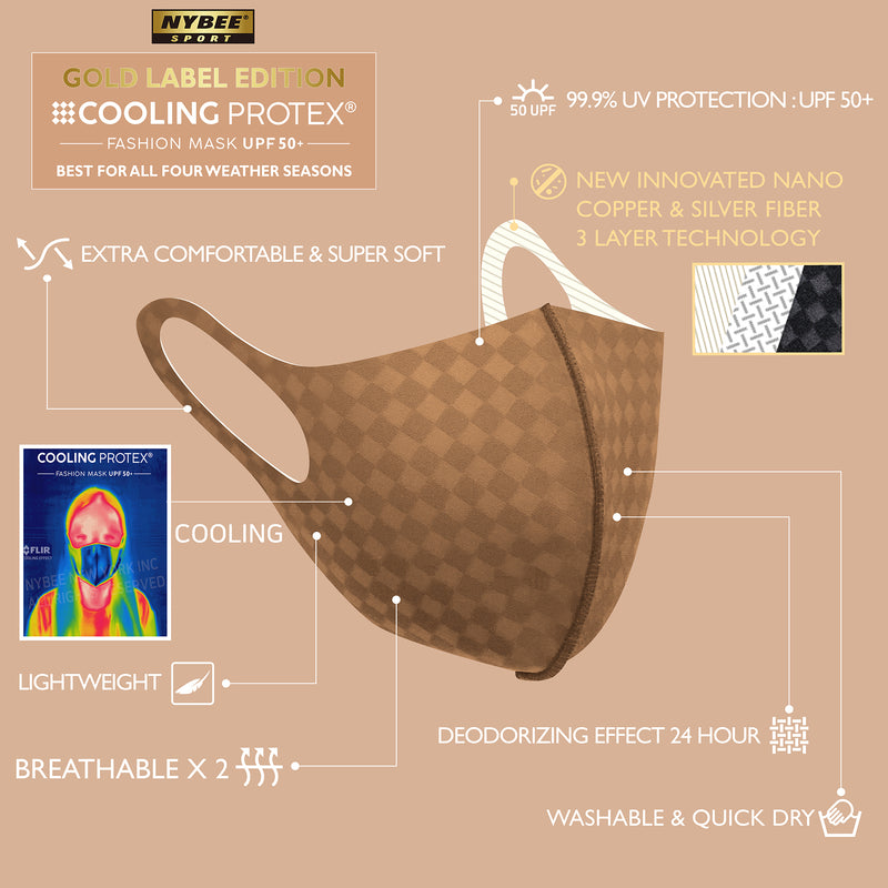 [Gold Label] NYBEE Sport Cooling Protex Copper & Nano Silver 24Hr Breathable Comfy Sport Face Mask Washable - Tan /Square - 1pack